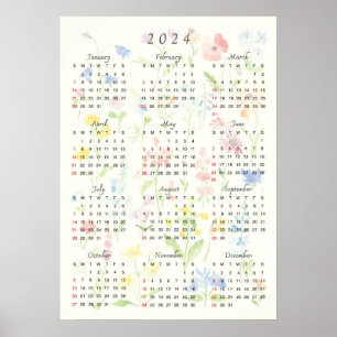 Poster aquarelle foral 2024 calender
