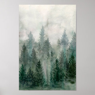Poster Aquarelle Forêt paysage montagne de pin brun