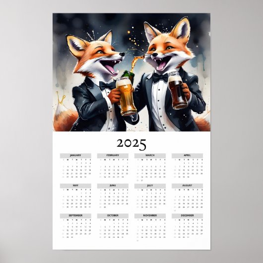 Poster Aquarelle Foxes Cheers Tuxedo 2025 Calendrier mura (Devant)