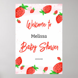 Poster Aquarelle Fraise Fille Baby shower Bienvenue