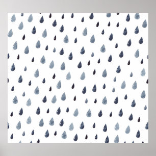 Poster Aquarelle gouttes de pluie, indigo motif sans soud