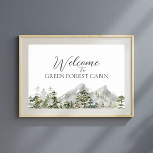 Poster Aquarelle Green Pine Forest Bienvenue