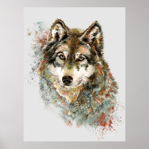 Poster Aquarelle Gris Loup Faune Animal Nature Art