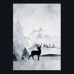 Poster Aquarelle gris rustique de rennes d'hiver<br><div class="desc">Poster avec une image aquarelle représentant un renne noir en silhouette au milieu de quelques pins. Couleur gris noir et blanc neutre.</div>