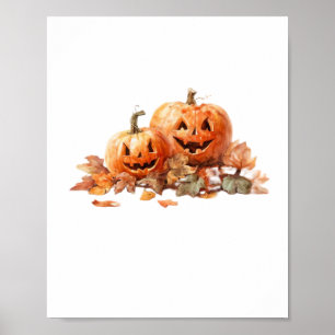 Poster Aquarelle Halloween Citrouilles avec feuilles d'au