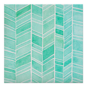 Poster Aquarelle Herringbone Aqua Motif Carré Turquoise