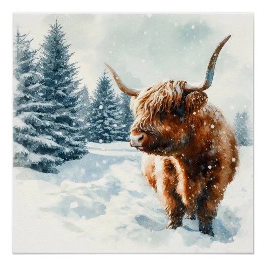 Poster Aquarelle Highland Cow Winter Scene (Devant)