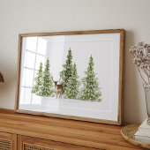 Poster Aquarelle Hiver Arbres et Cerfs