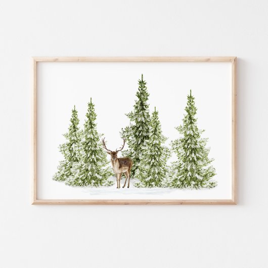 Poster Aquarelle Hiver Arbres et Cerfs