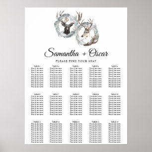 Poster Aquarelle hiver Cerf Wreath Argent