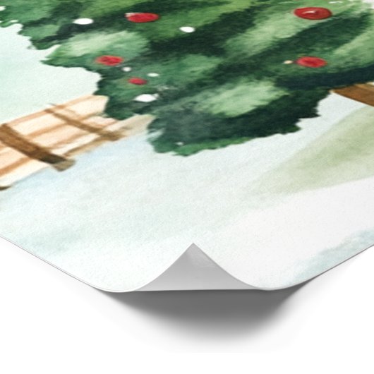 Poster Aquarelle Hiver Paysage rustique avec Fir Trees (Coin)