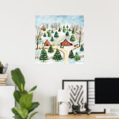 Poster Aquarelle Hiver Paysage rustique avec Fir Trees (Bureau à domicile)