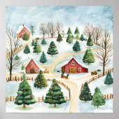 Poster Aquarelle Hiver Paysage rustique avec Fir Trees (Devant)