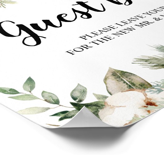 Poster Aquarelle Hiver Pin vert Arbre et Fleurs blanches (Coin)