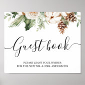 Poster Aquarelle Hiver Pin vert Arbre et Fleurs blanches (Devant)