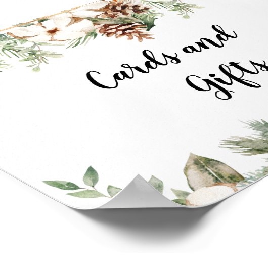 Poster Aquarelle Hiver Pin vert Arbre et Fleurs blanches (Coin)