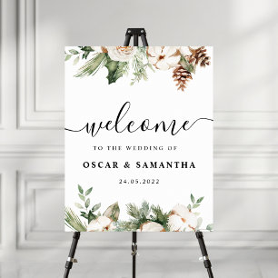 Poster Aquarelle Hiver Pin vert Arbre et Fleurs blanches