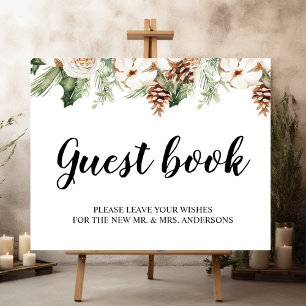 Poster Aquarelle Hiver Pin vert Arbre et Fleurs blanches