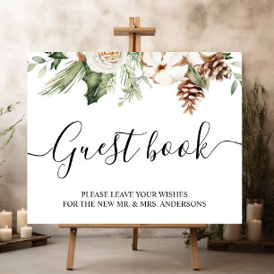 Poster Aquarelle Hiver Pin vert Arbre et Fleurs blanches