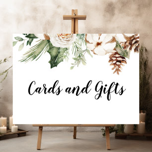 Poster Aquarelle Hiver Pin vert Arbre et Fleurs blanches