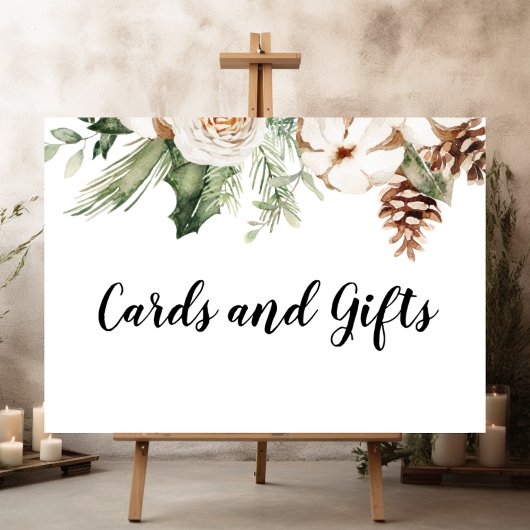 Poster Aquarelle Hiver Pin vert Arbre et Fleurs blanches