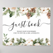 Poster Aquarelle Hiver Pin vert Arbre et Fleurs blanches (Devant)