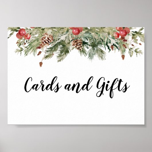 Poster Aquarelle Hiver Pine verte Arbre et Pine Cône (Devant)