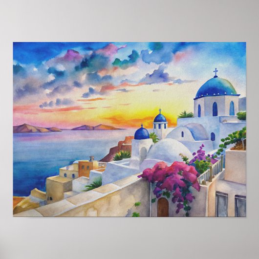 Poster Aquarelle Ile grecque Paysage Art de Santorin (Devant)