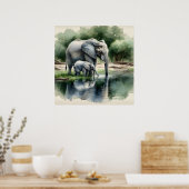 Poster Aquarelle Illustration de maman et bébé éléphant (Cuisine)