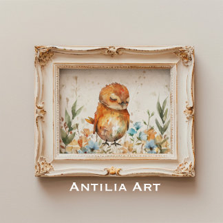 Poster Aquarelle Illustration Oiseau Champ floral rustiqu