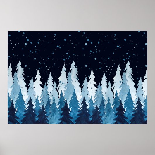 Poster Aquarelle indigo pins bleus et neige dans (Devant)