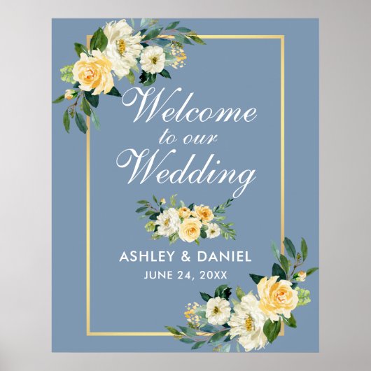 Poster Aquarelle Jaune Floral Dusty Blue Mariage (Devant)