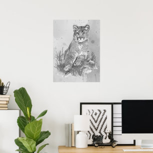 Poster Aquarelle Jeune Couguar Lion de Montagne Animal Ar