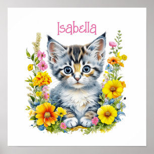 Poster Aquarelle Kitten en Fleurs Personnalisé