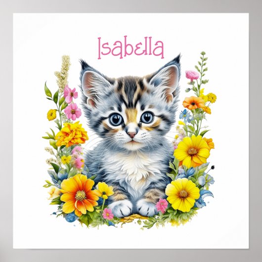 Poster Aquarelle Kitten en Fleurs Personnalisé (Devant)