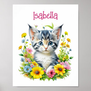 Poster Aquarelle Kitten Fleurs Personnalisées