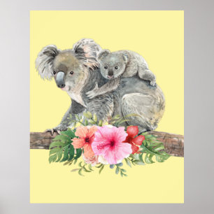 Poster Aquarelle Koala Oears mignonne maman & bébé