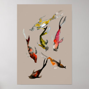 Poster Aquarelle koi poisson rouge brun or