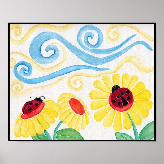 Poster Aquarelle Ladybug & Fleurs Imprimer (Devant)