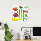 Poster Aquarelle Légumes Carottes betteraves Asperges (Bureau à domicile)