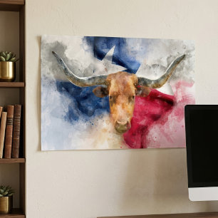Poster Aquarelle Longhorn du Texas avec carte du drapeau