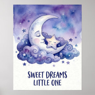 Poster Aquarelle Lune et Étoile Douces Rêves Petit Un