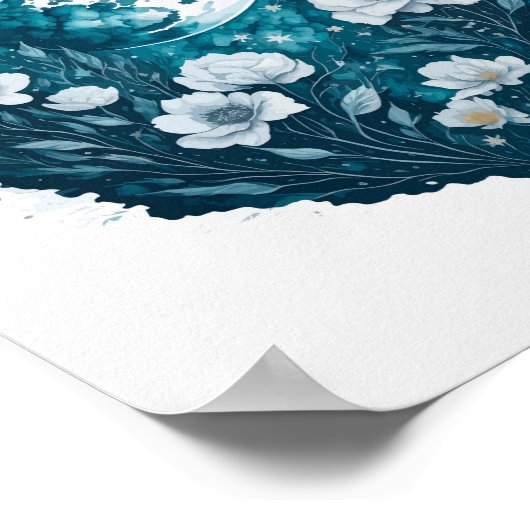 Poster Aquarelle Lune Étoiles célestes Fleurs (Coin)