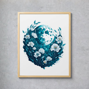 Poster Aquarelle Lune Étoiles Célestes Fleurs