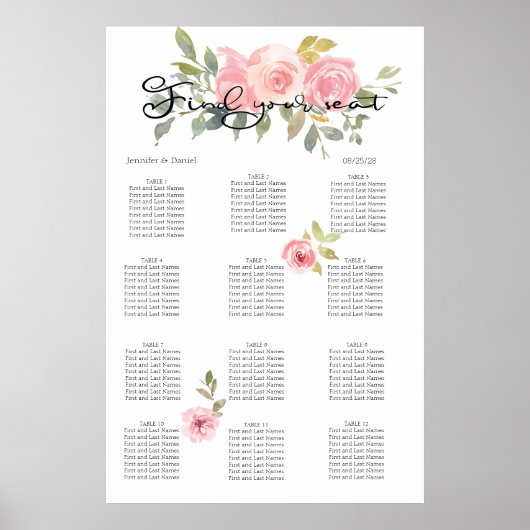 Poster Aquarelle Lush Blush Rose Floral Diagramme de sièg (Devant)