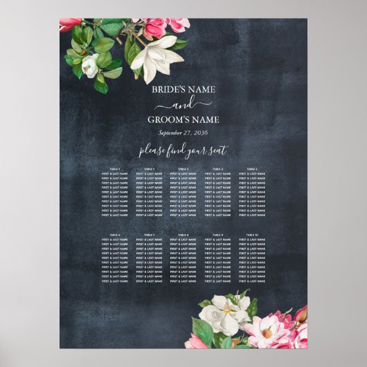 Poster Aquarelle Magnolia Fleurs Mariage Seating Chart (Devant)