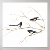 Poster Aquarelle Magpie Bird Famille Chatte dans l'arbre (Devant)