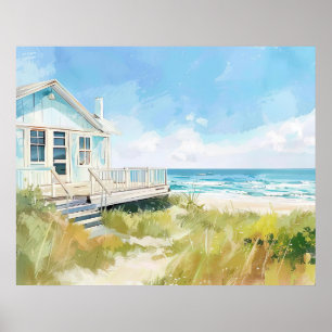 Poster aquarelle maison de plage aux couleurs vives