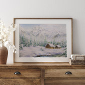 Poster Aquarelle Maisons en bois et Pin Tree en neige