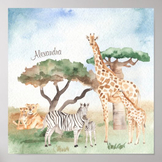 Poster Aquarelle maman et bébé Animaux africains (Devant)